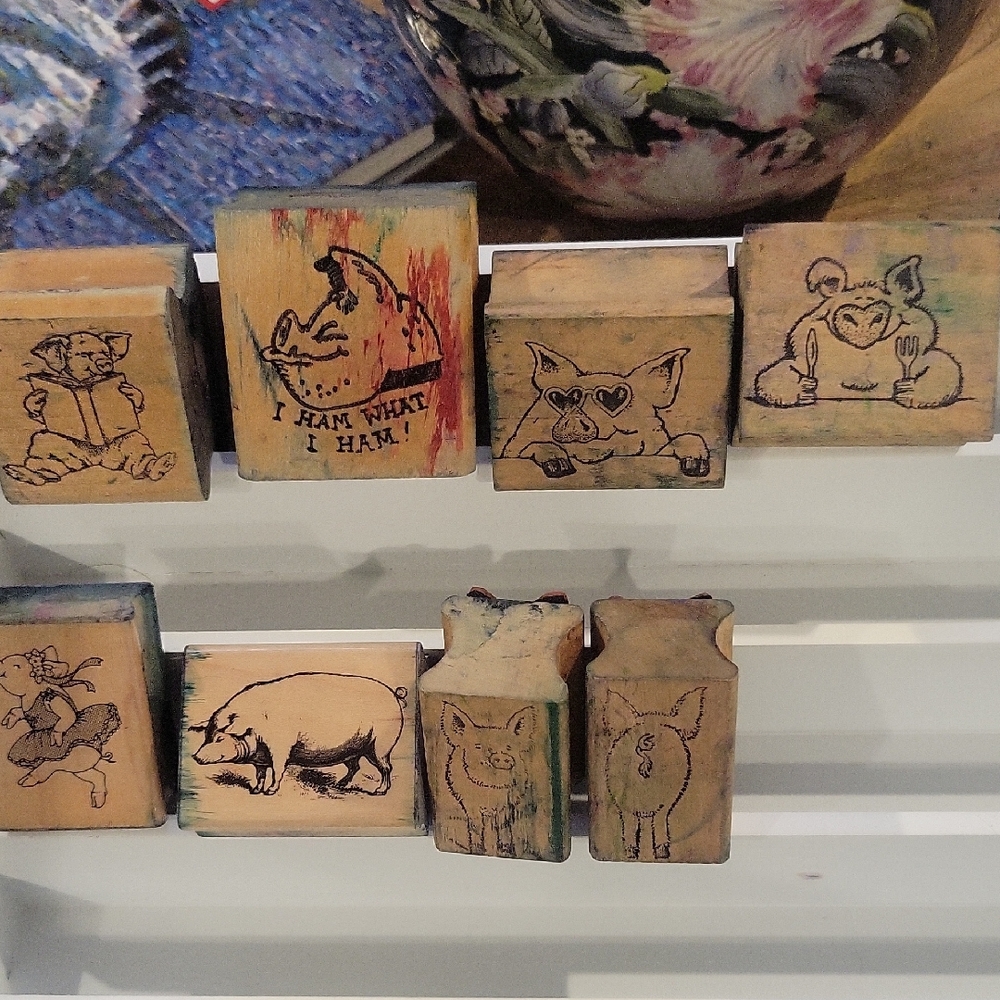 Vintage Wooden‎ Rubber Stamp Lot of 8/Farmhouse Primitive Folk Art Craft